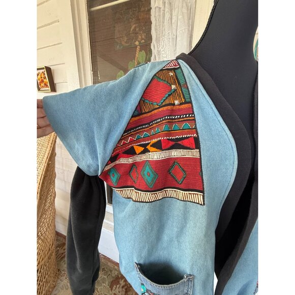 Vintage 80's handmade Southwestern-style denim jacket/sweatshirt Womens XL - Picture 11 of 16